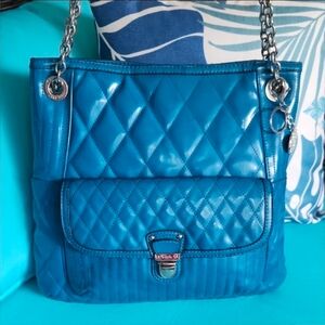 Coach Blue Quilted Patent Leather 2 Way Chain Strap Bag..Stunning Color!